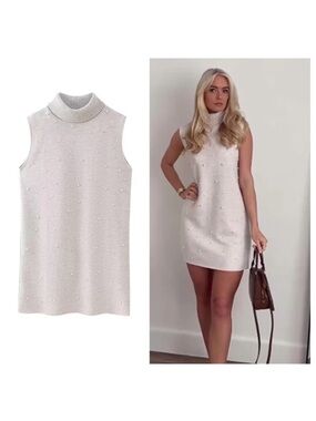 Zara Cream Pearl-Embellished Sleeveless Turtleneck Dress